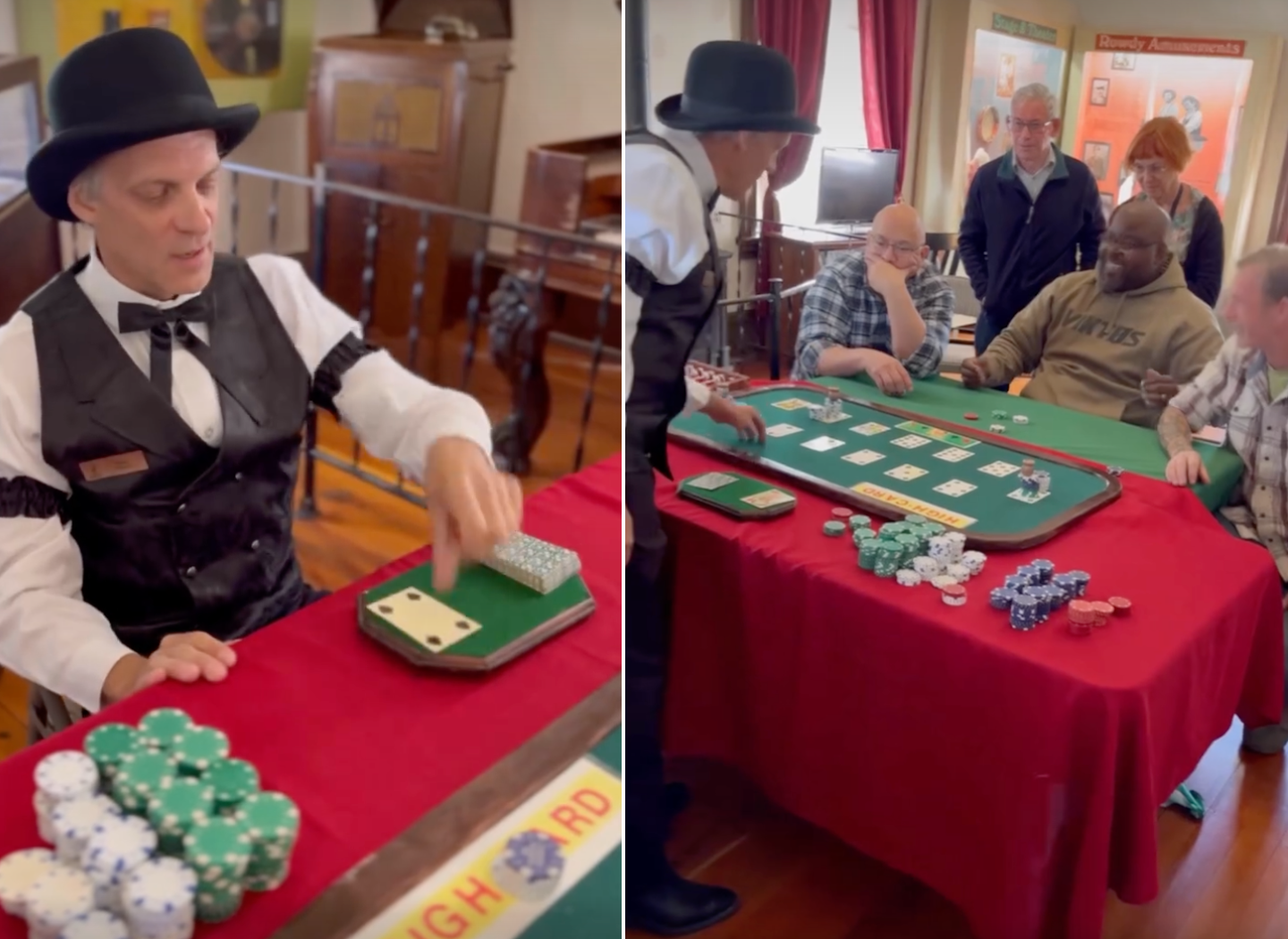 Reenactors dressed up in turn of the century card dealer clothing while performing a poker-style gambling game demonstration with park visitors.